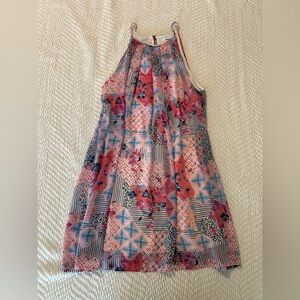 Adorable Floral Patchwork Mini Dress Pink and Blue